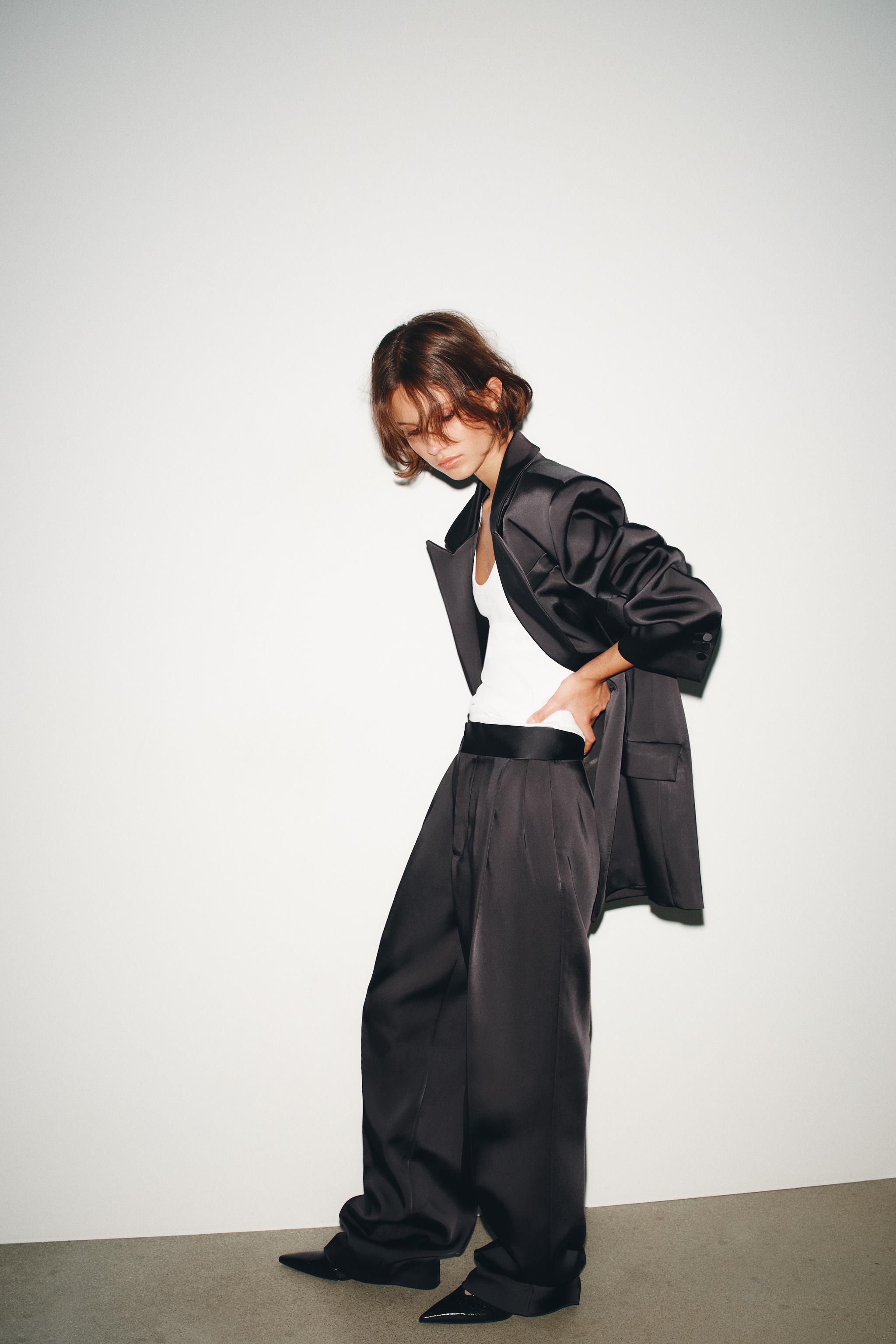 PLEATED SATIN HIGH-WAISTED PANTS